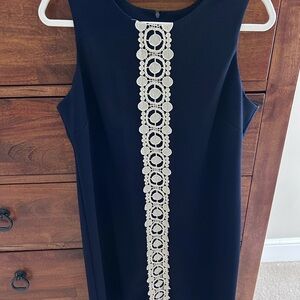 Elegant Navy Blue Dress with gold Lace Detail